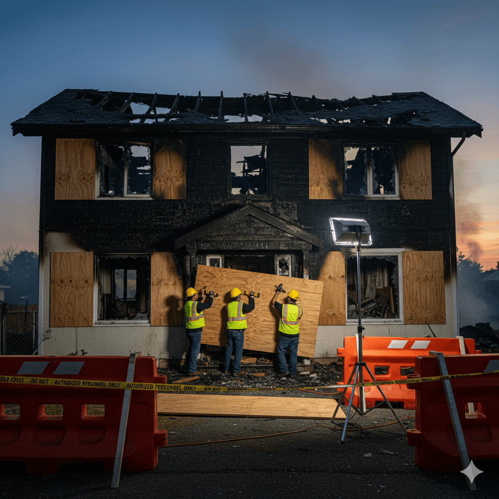 Emergency board-up and structural safety.