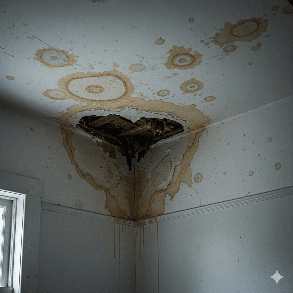 Water stains or discolored areas on walls or ceilings